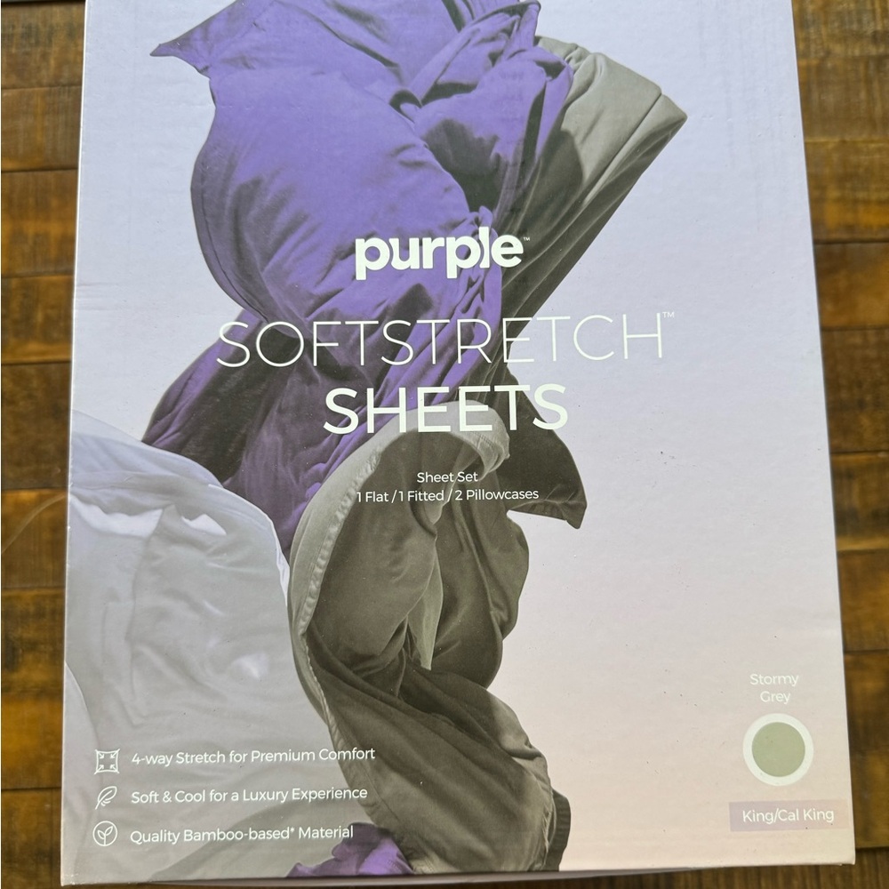 NIB NEW Purple Soft Stretch Sheets Stormy Grey King/Cal King